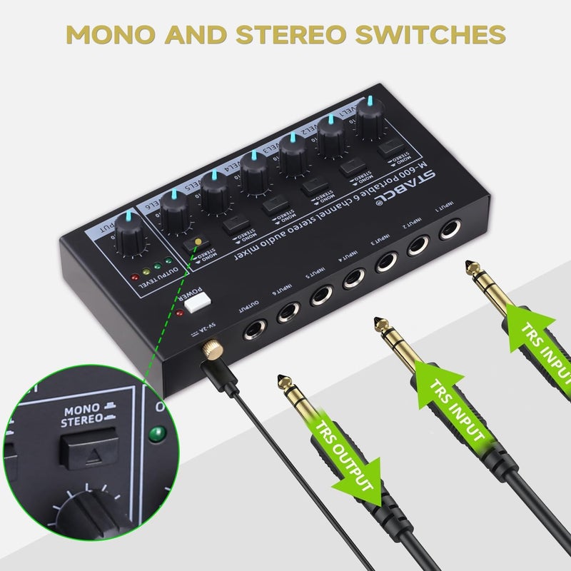 STABCL Mini 6-Channel Audio Mixer with 7 pcs 6.35mm to 3.5mm Adapter Jack, Stereo Line Mixer for Sub-Mixing, Multi-Input (Mic/Guitar/Keyboard/Bass), Powered by 5V DC - Image 2